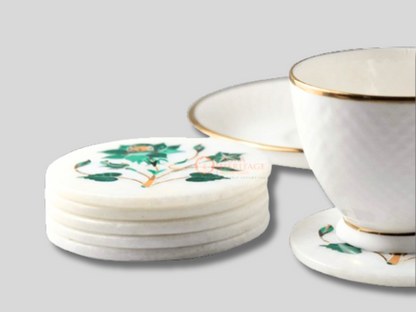 Round Marble Malachite Coaster Set Inlay Floral Home Decor Gifts