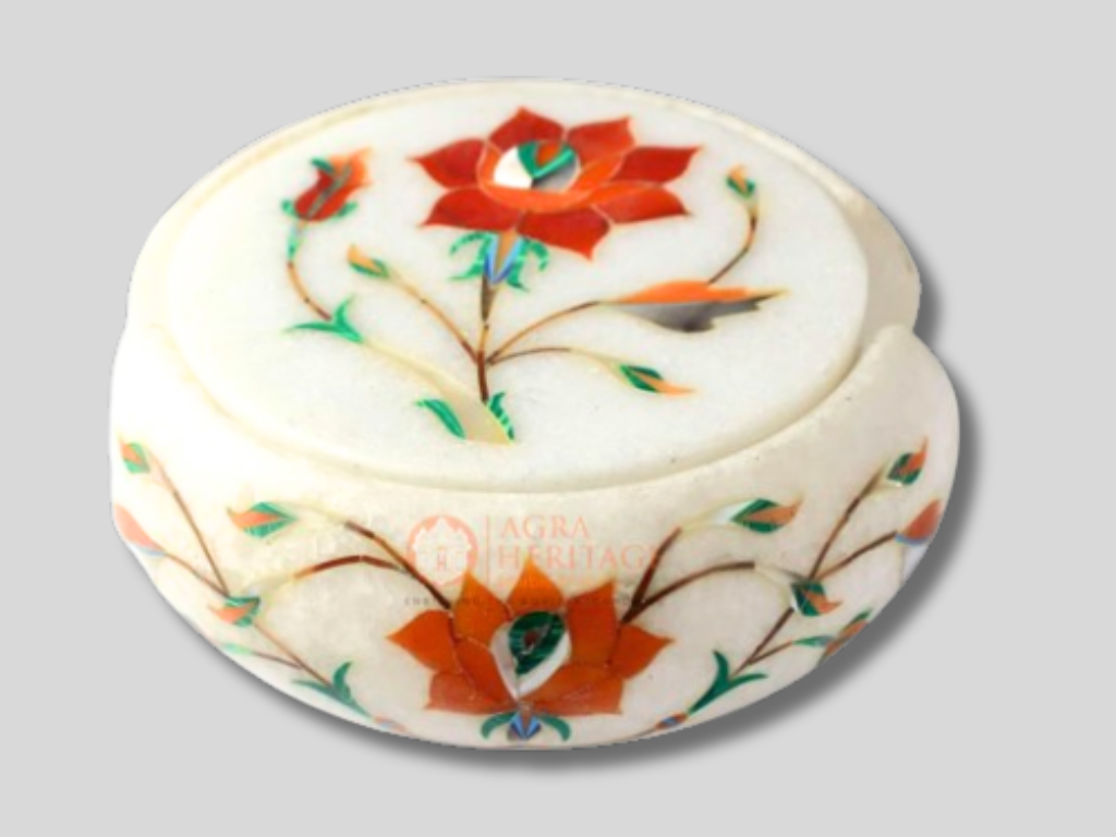 White Marble Coaster Set Carnelian Floral Inlay Art