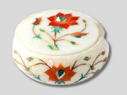 White Marble Coaster Set Carnelian Floral Inlay Art