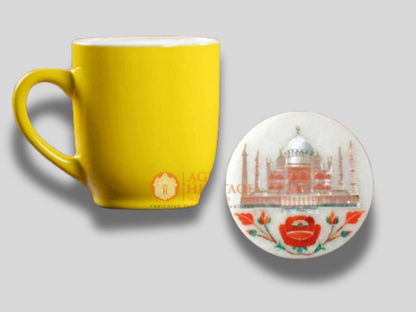 White Round Marble Coaster Set Taj Mahal Inlay Floral