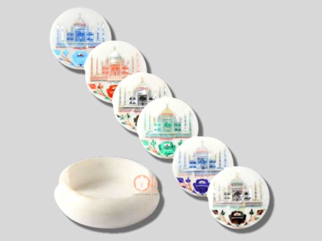 White Round Marble Coaster Set Taj Mahal Inlay Floral