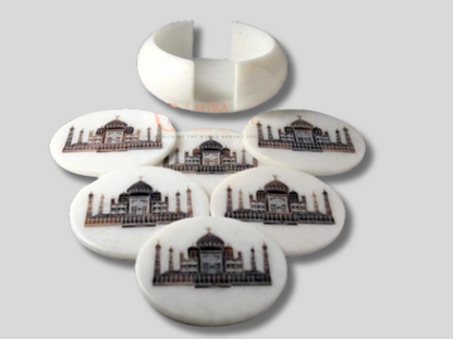 White Round Marble Coaster Set Taj Mahal Floral Gifts Decor