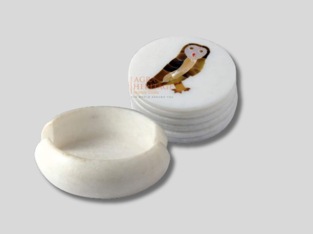 Round Marble Coaster Set Inlaid Owl Floral Home Decor Gifts