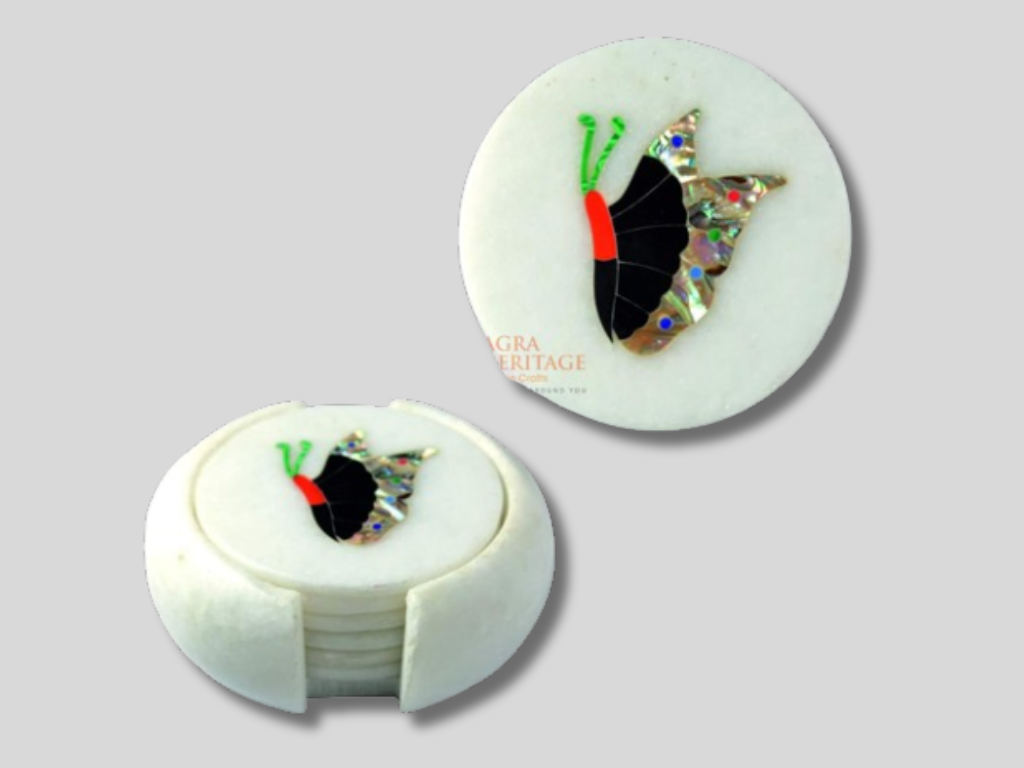 Round Marble Coaster Set Butterfly Inlay Floral Home Decor Gifts