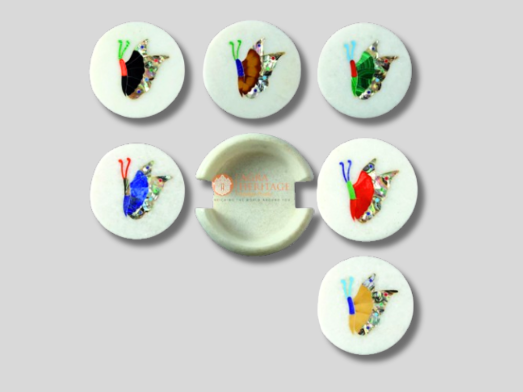 Round Marble Coaster Set Butterfly Inlay Floral Home Decor Gifts