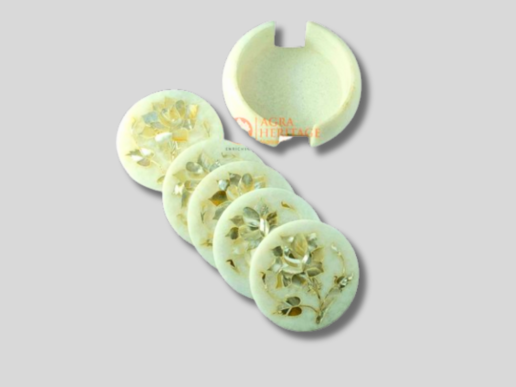White Marble Coaster Set Mother of Pearl Floral Inlay Art