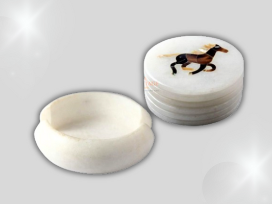 Round Marble Coaster Set Horse Inlay Floral Home Decor Gifts