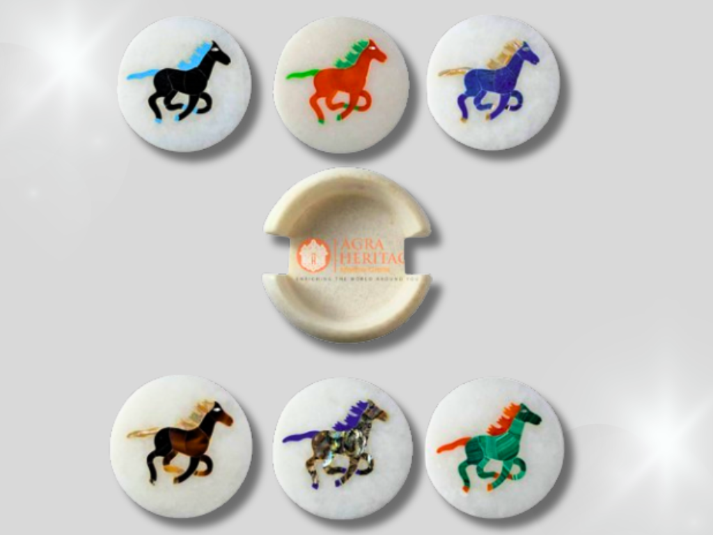 Round Marble Coaster Set Horse Inlay Floral Home Decor Gifts