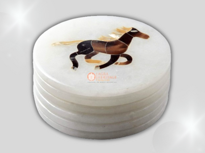 Round Marble Coaster Set Horse Inlay Floral Home Decor Gifts