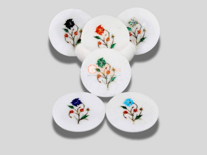 White Round Marble Coaster Set Multi Floral Inlaid Art