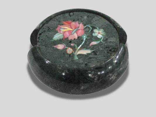 Green Round Marble Coaster Set Pink Floral Inlay Art Gifts