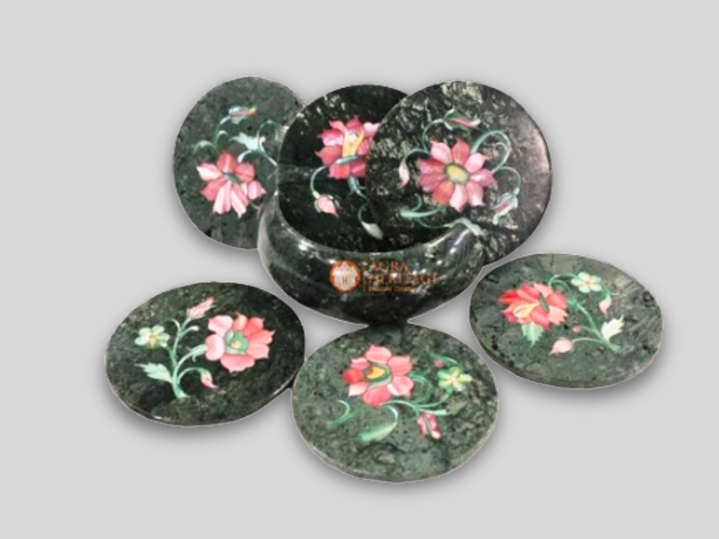 Green Round Marble Coaster Set Pink Floral Inlay Art Gifts