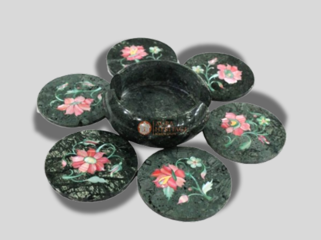 Green Round Marble Coaster Set Pink Floral Inlay Art Gifts