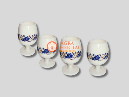 White Marble Set of 4 Glass Lapis Lazuli Inlay Floral Decor