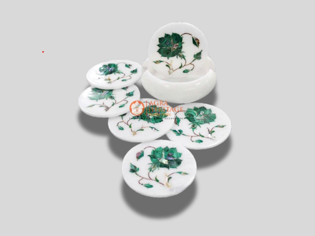 White Marble Coaster Set Malachite Inlay Floral Art Gift