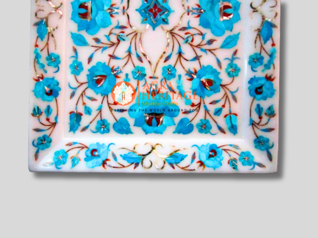 Marble White Turquoise Pietradura Art Kitchen Plate