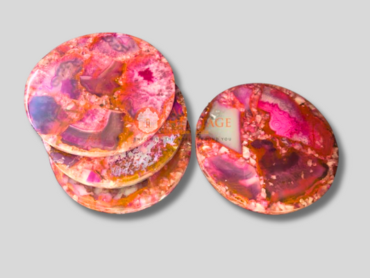 Pink Agate Precious Stone Coaster Round Set Home Decor
