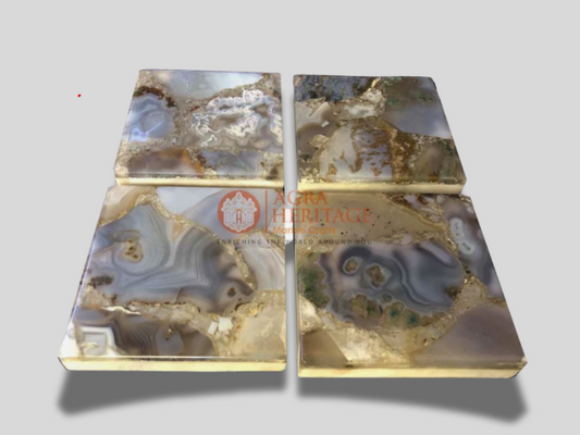 Decorative Blue Agate Stone With Marble Coaster Set
