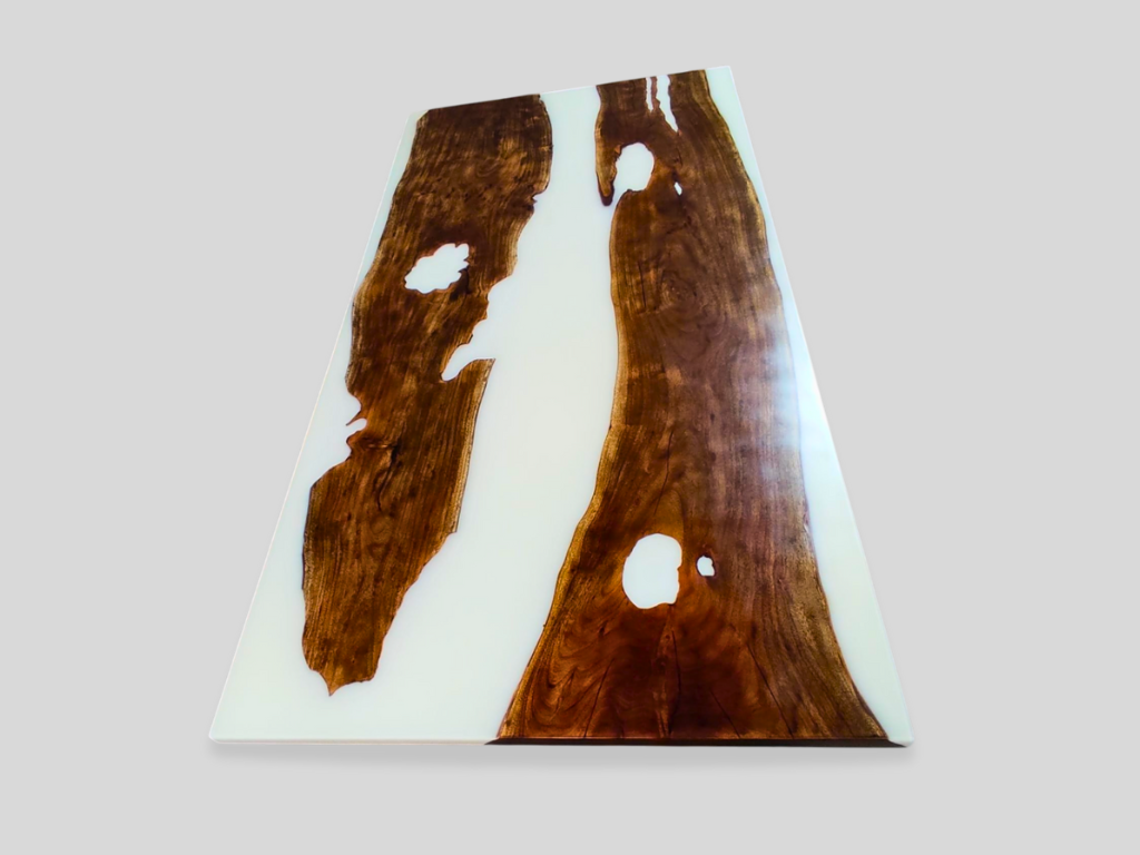 White Epoxy Live Edge Dining Table Top Custom To Order Handmade Design Natural Acacia Wood Slab