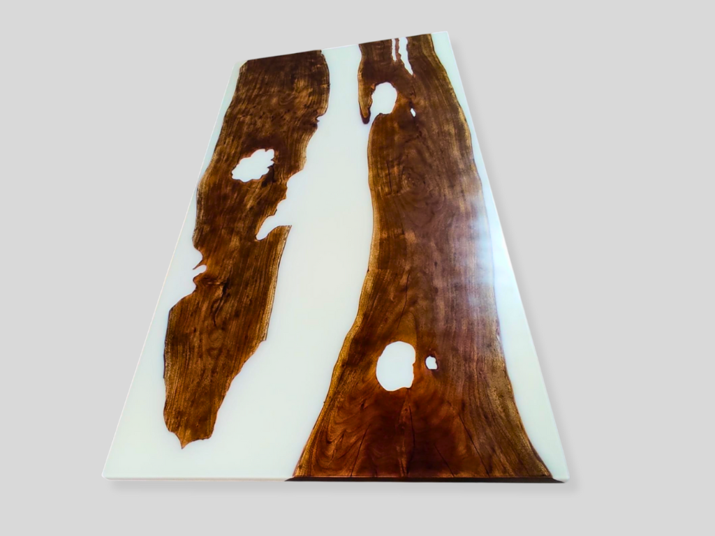 White Epoxy Live Edge Dining Table Top Custom To Order Handmade Design Natural Acacia Wood Slab
