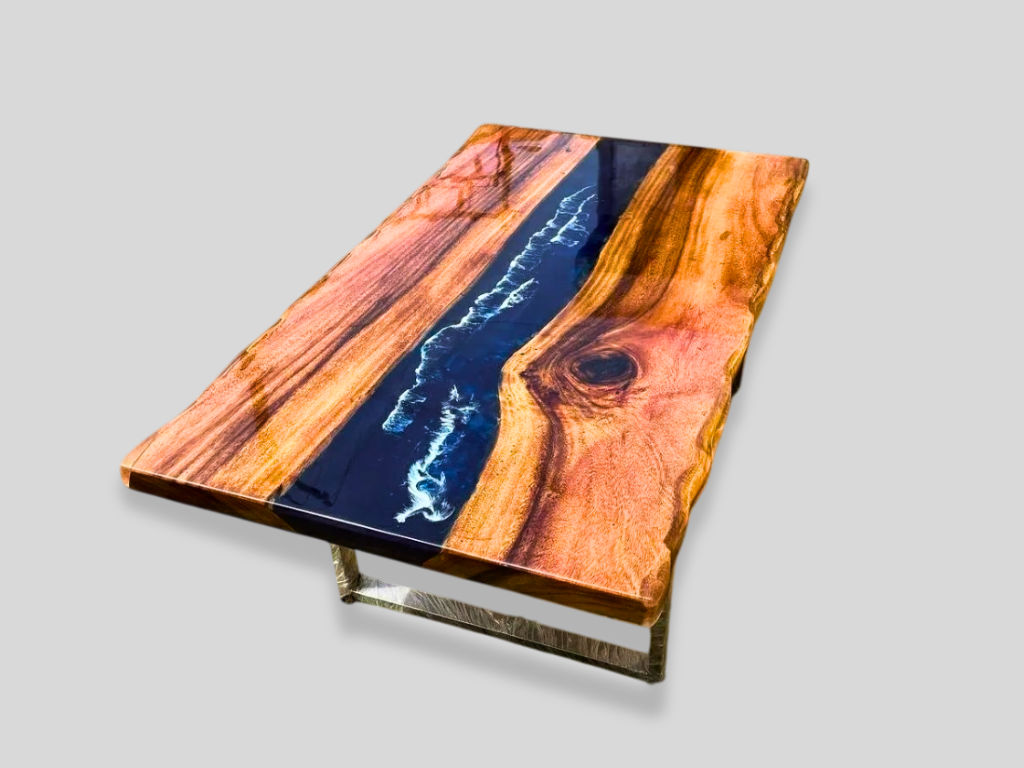 Blue Epoxy Resin Wood Countertops Handmade Natural Live Edge Acacia Computer Desk