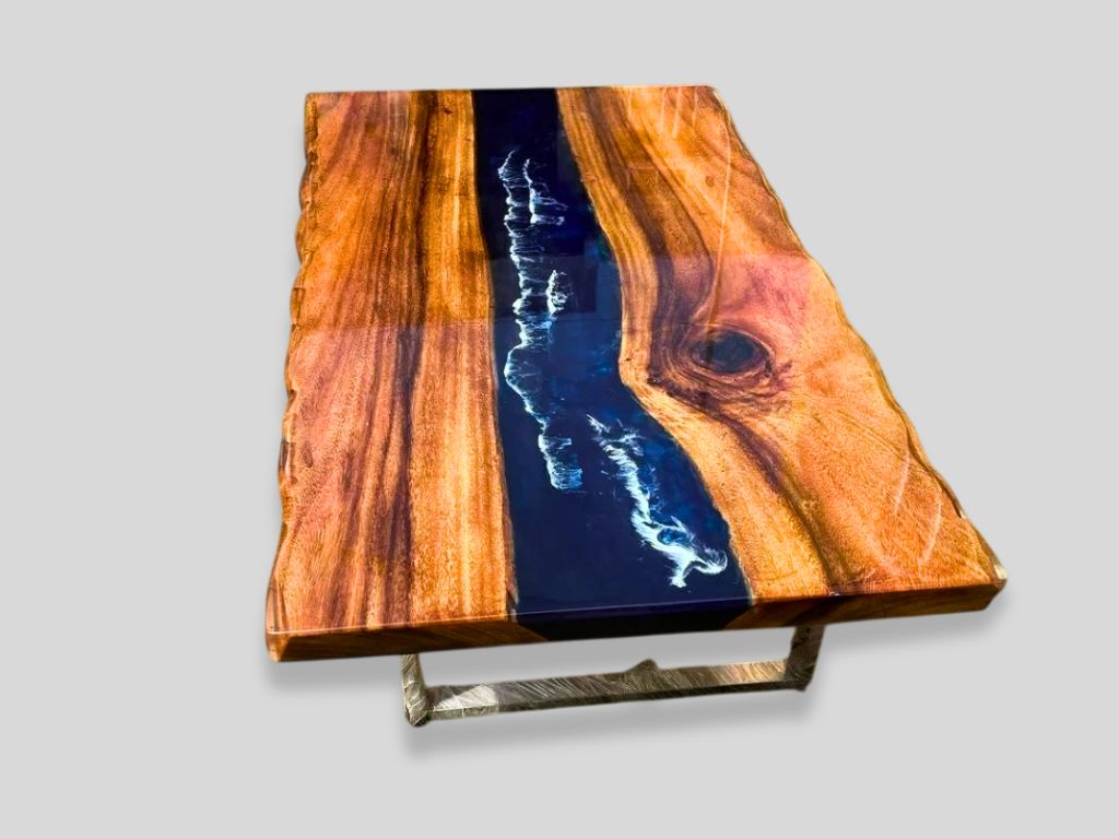 Blue Epoxy Resin Wood Countertops Handmade Natural Live Edge Acacia Computer Desk