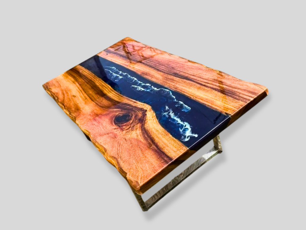 Blue Epoxy Resin Wood Countertops Handmade Natural Live Edge Acacia Computer Desk