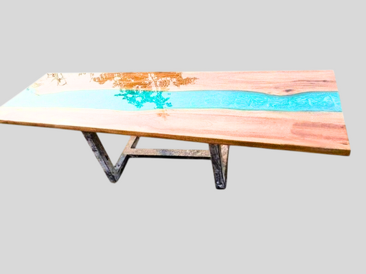 Custom Poplar Wood Blue River Epoxy Table Top for Dining Room Interior Exclusive Furniture