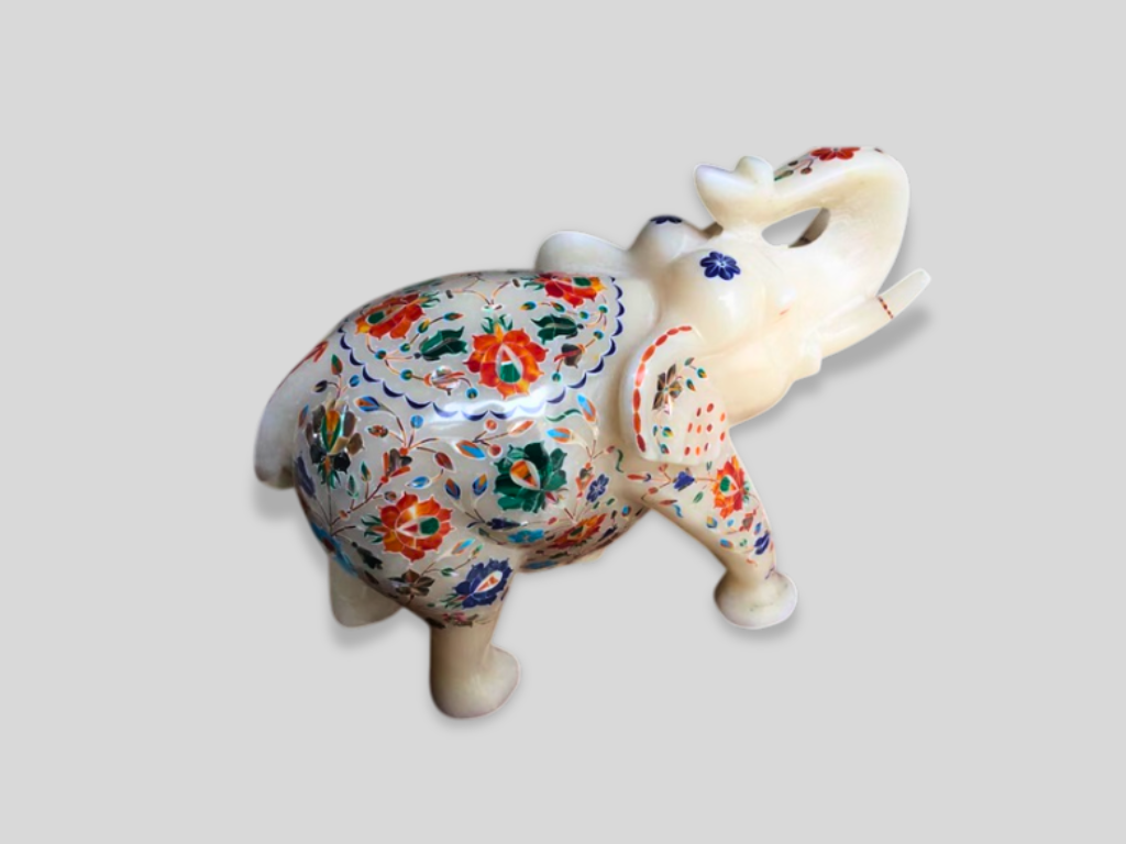 Floral Marble Trunk Up Elephant Statue Multi Semi Precious Inlay Stone