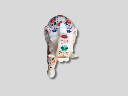 Floral Marble Trunk Up Elephant Statue Multi Semi Precious Inlay Stone