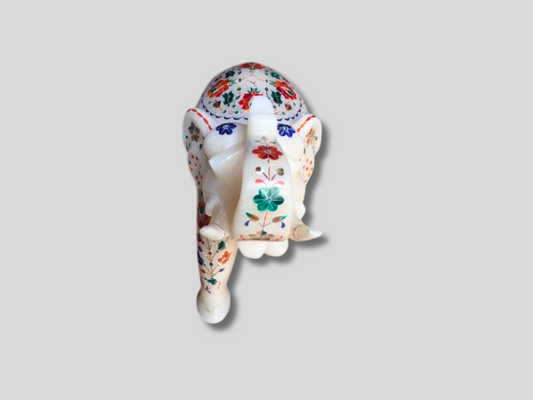 Floral Marble Trunk Up Elephant Statue Multi Semi Precious Inlay Stone