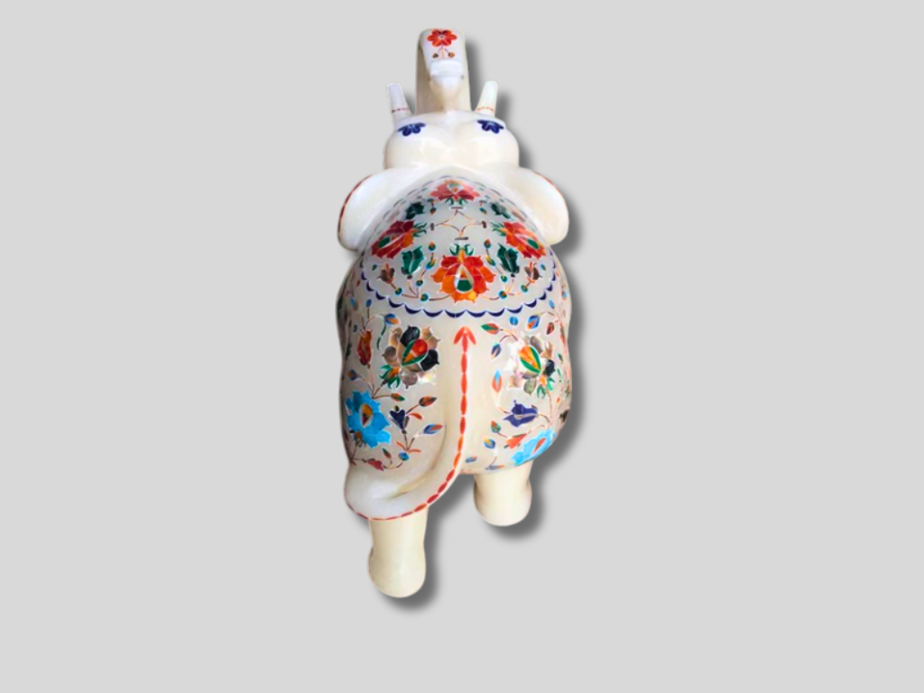 Floral Marble Trunk Up Elephant Statue Multi Semi Precious Inlay Stone