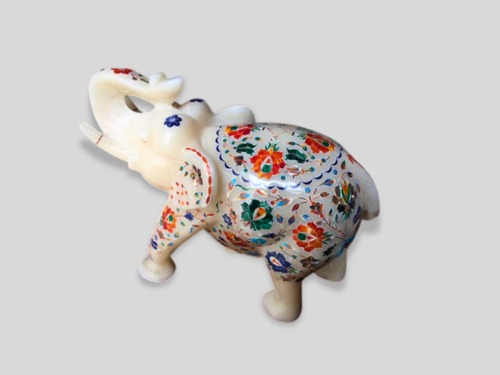 Floral Marble Trunk Up Elephant Statue Multi Semi Precious Inlay Stone