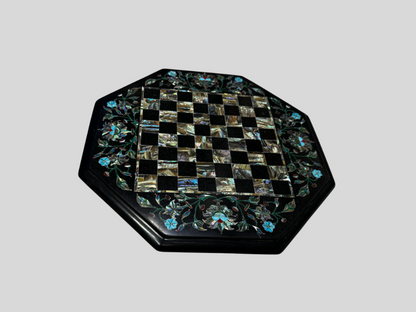 Luxury Black Marble Chess Board Floral Abalone Shell & Turquoise Inlay