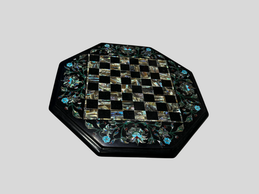 Luxury Black Marble Chess Board Floral Abalone Shell & Turquoise Inlay