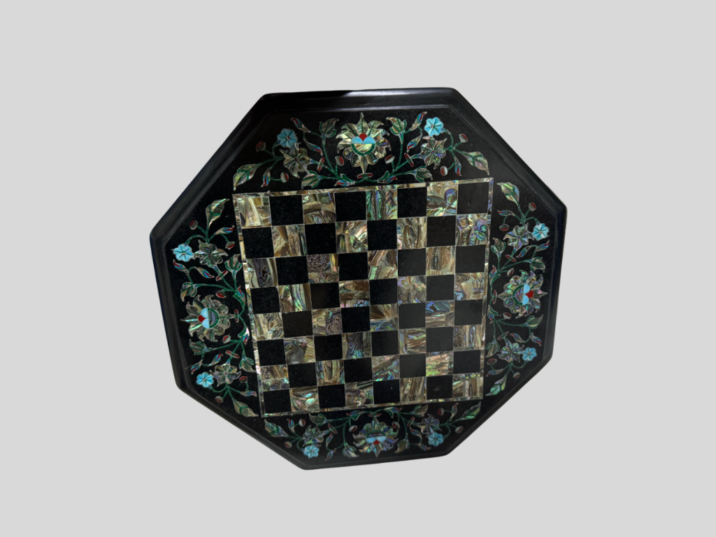 Luxury Black Marble Chess Board Floral Abalone Shell & Turquoise Inlay