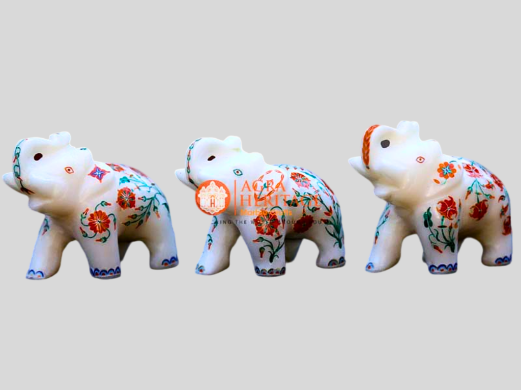 Small 3 Pcs of Marble White Carnelian Multi Inlay Elephant