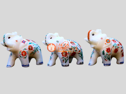 Small 3 Pcs of Marble White Carnelian Multi Inlay Elephant