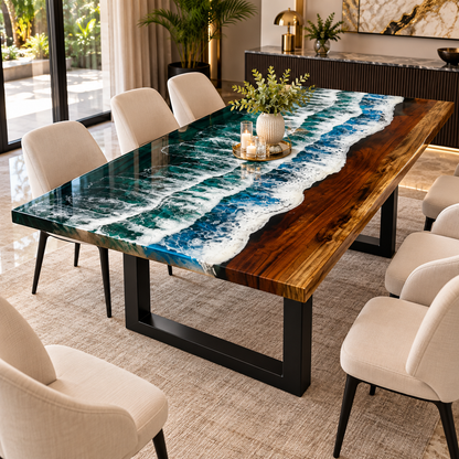 Custom Poplar Wood Blue River Epoxy Table Top for Dining Room Interior Exclusive Furniture