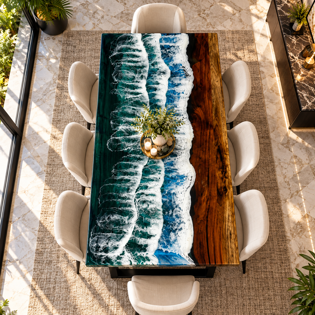 Custom Poplar Wood Blue River Epoxy Table Top for Dining Room Interior Exclusive Furniture