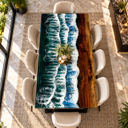 Custom Poplar Wood Blue River Epoxy Table Top for Dining Room Interior Exclusive Furniture