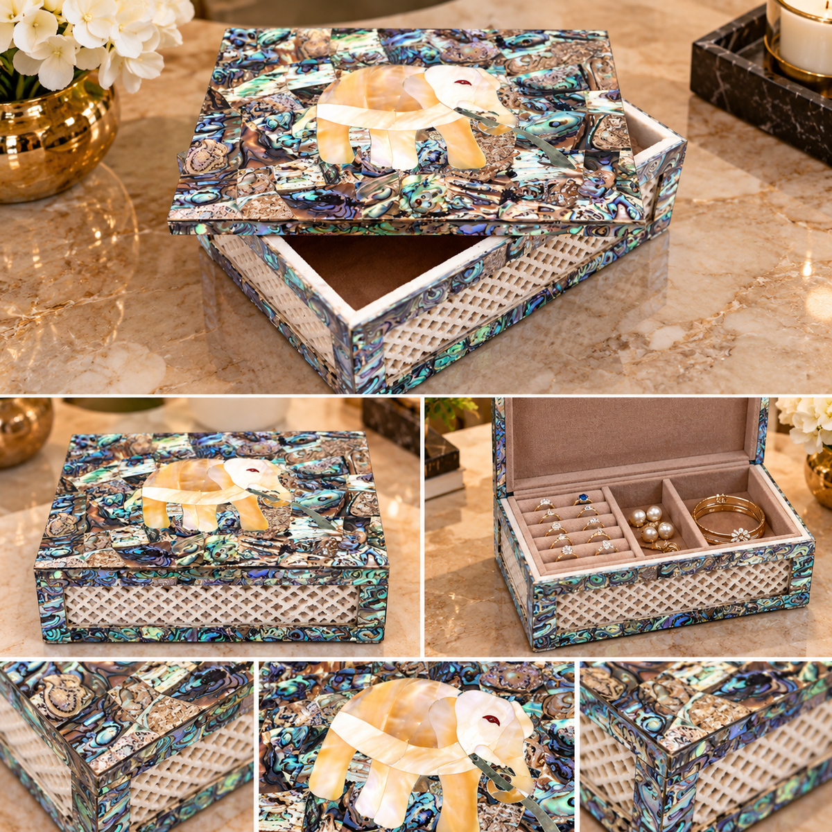 Royal Indian Marble Vintage Jewelry Box Filigree Mosaic Stone Elephant Art