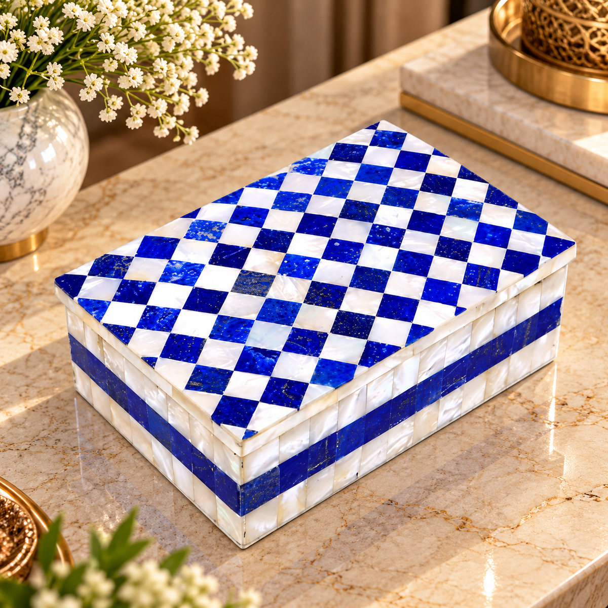 Blue Lapis With MOP Mosaic Inlay Artwork Jewelry Box For Girls