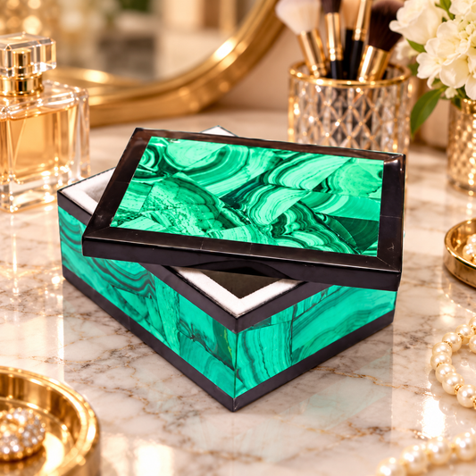 Indian Marble Jewelry Box Organizer Handmade Random Malachite Centerpiece