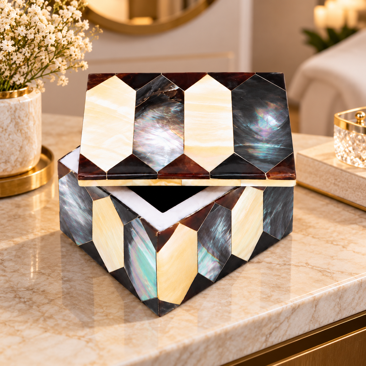 Semi Precious Stone Marble Trinket Jewelry Box For Women, Collectible Art, Cabinet