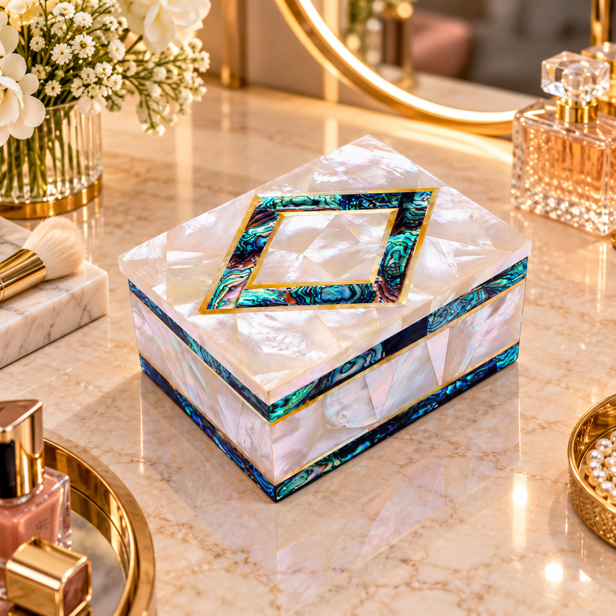 Elegant Mop With Pauashell Inlaid Jewelry Storage Box, Housewarming Mosaic Art