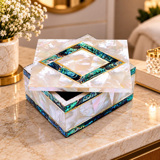 Elegant Mop With Pauashell Inlaid Jewelry Storage Box, Housewarming Mosaic Art