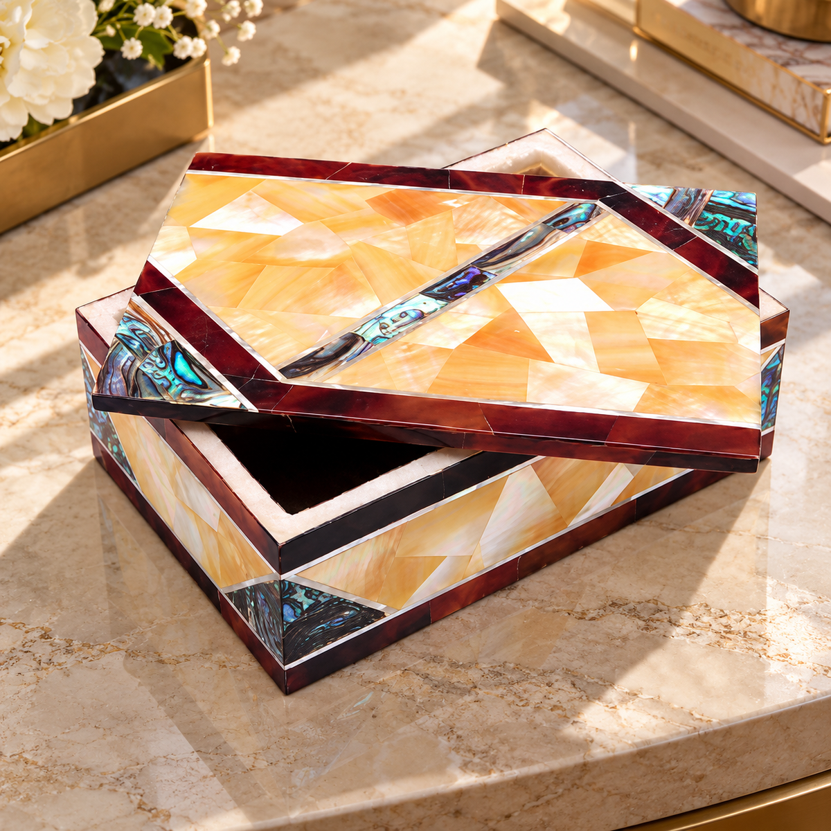 Mosaic Gemstone Inlaid Marble Jewelry Box Handmade Special Gift For Wedding