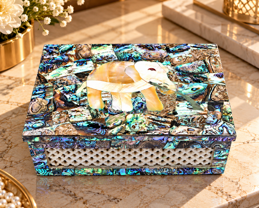 Royal Indian Marble Vintage Jewelry Box Filigree Mosaic Stone Elephant Art