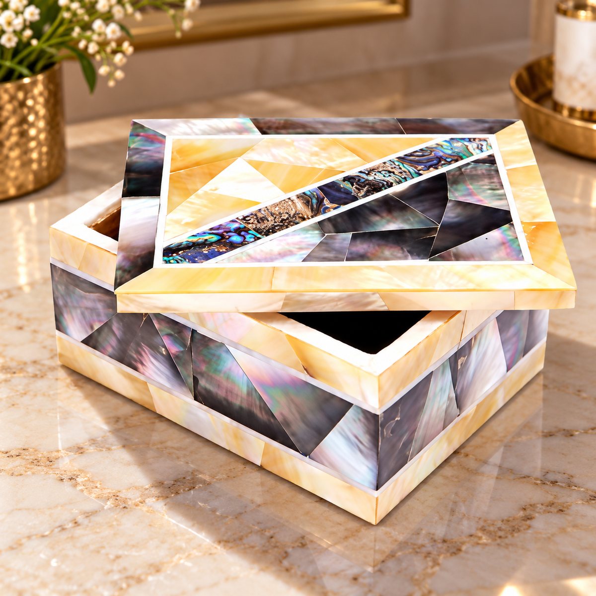 Decorative Inlay Marble Jewelry Vanity Box Handmade Unique Mosaic Stone Art